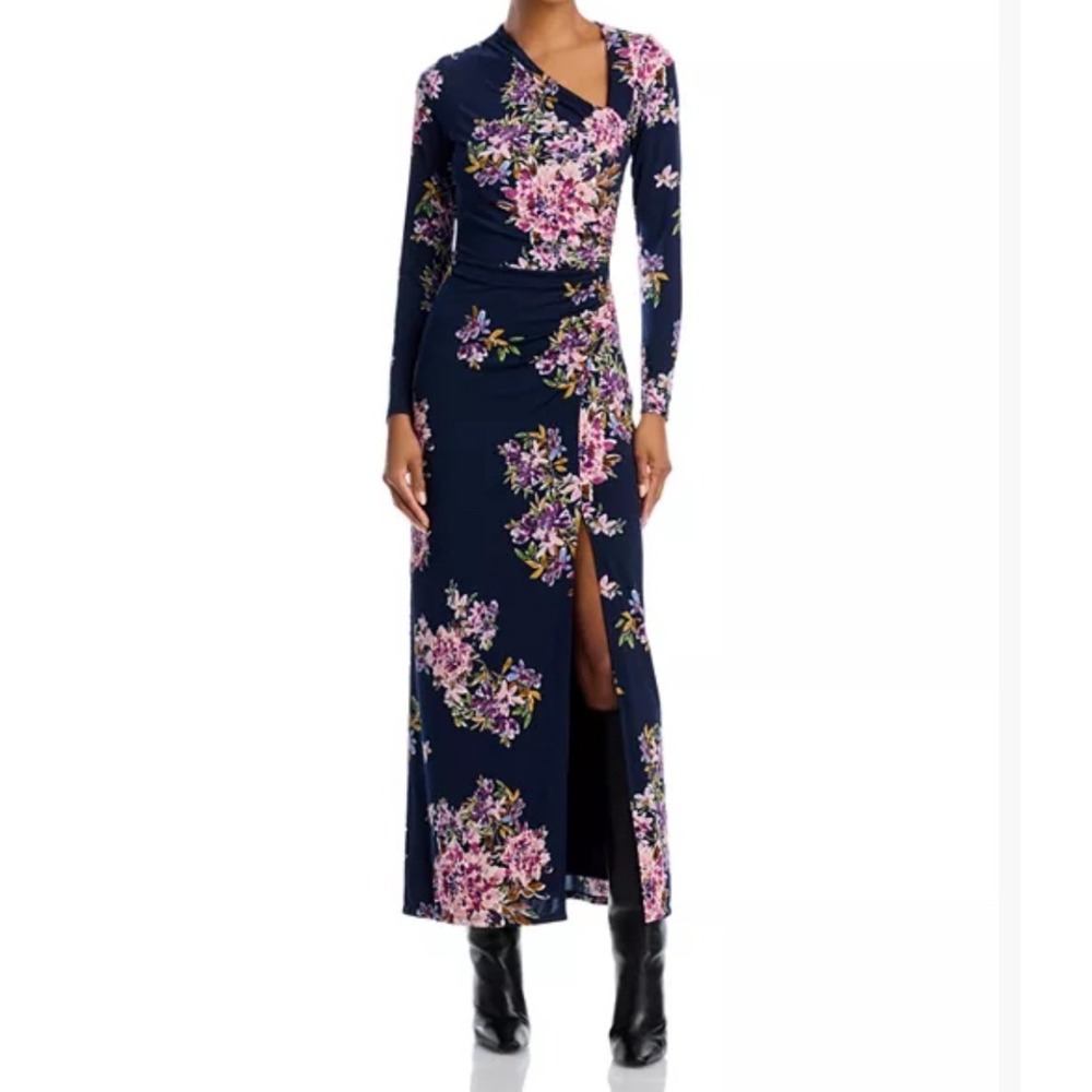 Aqua Jersey Long Sleeve Midi Dress, Navy Floral, Small, Luxury, Glamorous, Sexy